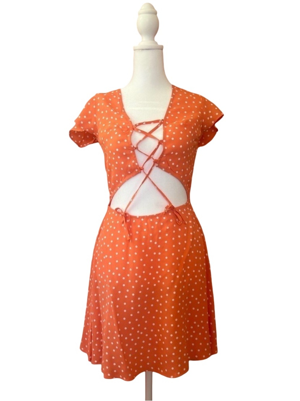 Anthropologie coral laceup polka dot balletcore coquette cutout mini dress NWT S